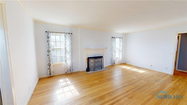 unfurnished living room with plenty of natural light, light wood-style flooring, and a fireplace