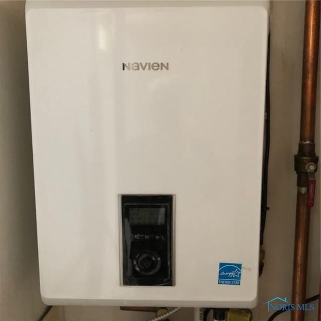 details featuring tankless water heater
