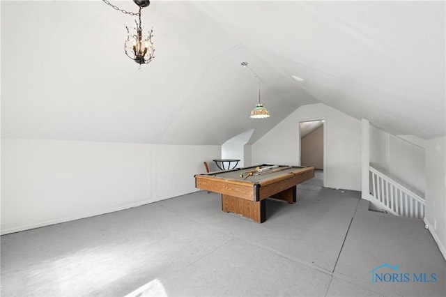 rec room with concrete floors, billiards, and lofted ceiling