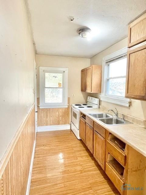 kitchen featuring light wood finished floors, light countertops, wainscoting, electric range, and a sink