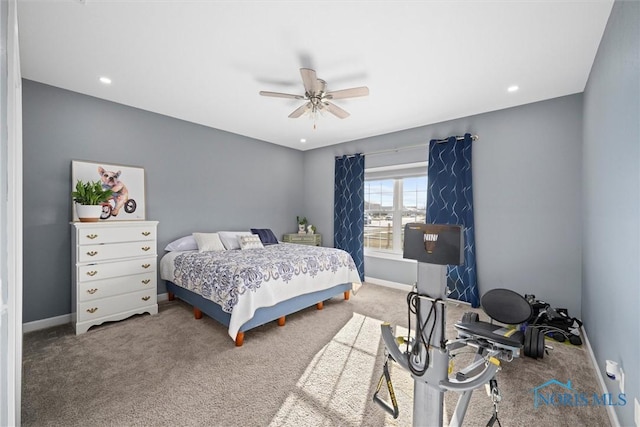 carpeted bedroom with recessed lighting, ceiling fan, and baseboards