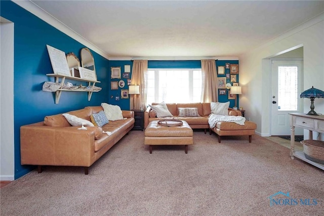 living room with crown molding, baseboards, and carpet floors