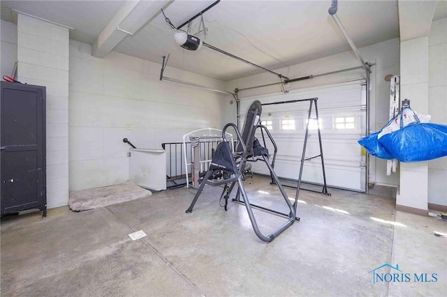 workout room featuring a garage