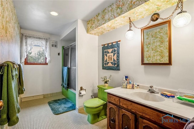 full bathroom with a shower with shower door, tile patterned floors, toilet, baseboards, and vanity