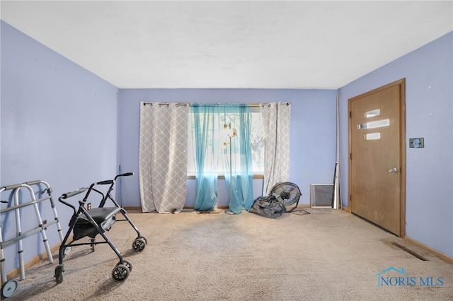 exercise room featuring baseboards and carpet