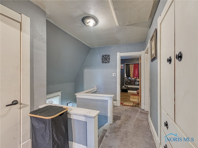 bathroom featuring lofted ceiling, a textured ceiling, and a textured wall