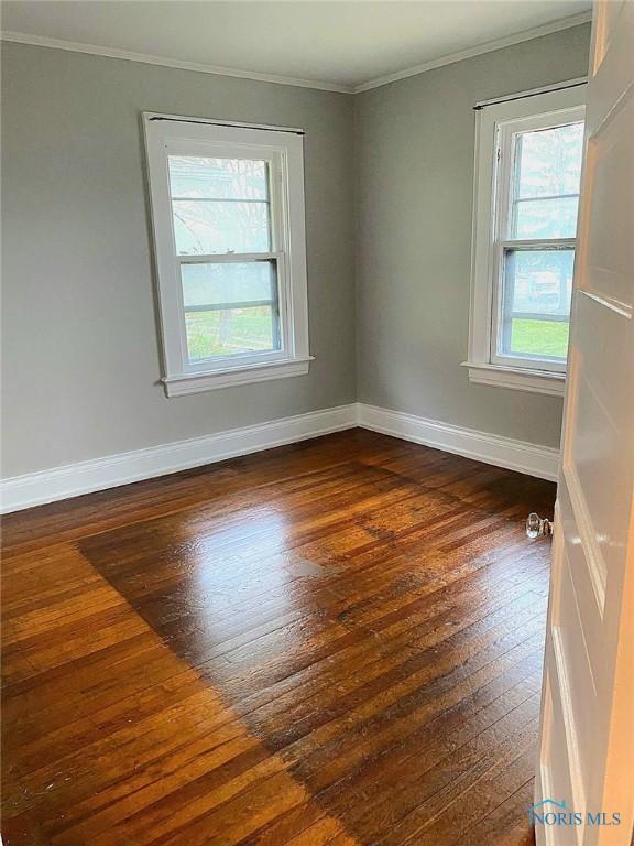 spare room with crown molding, baseboards, and dark wood-style flooring