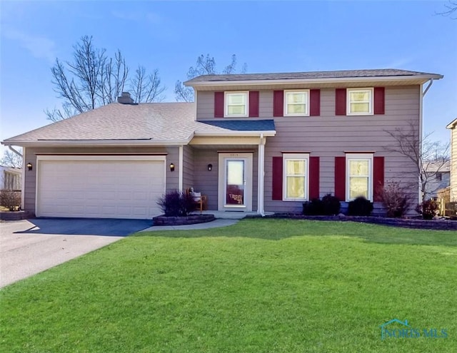 view of front of home with concrete driveway, a front yard, a garage, and roof with shingles