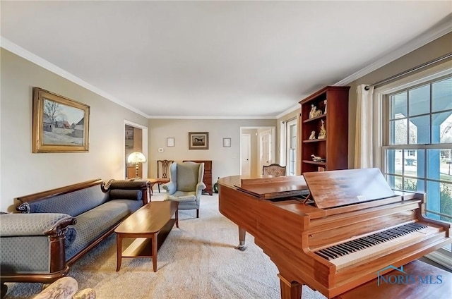 living room featuring light carpet and crown molding