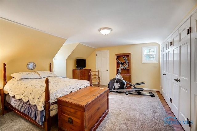 bedroom with baseboards and vaulted ceiling