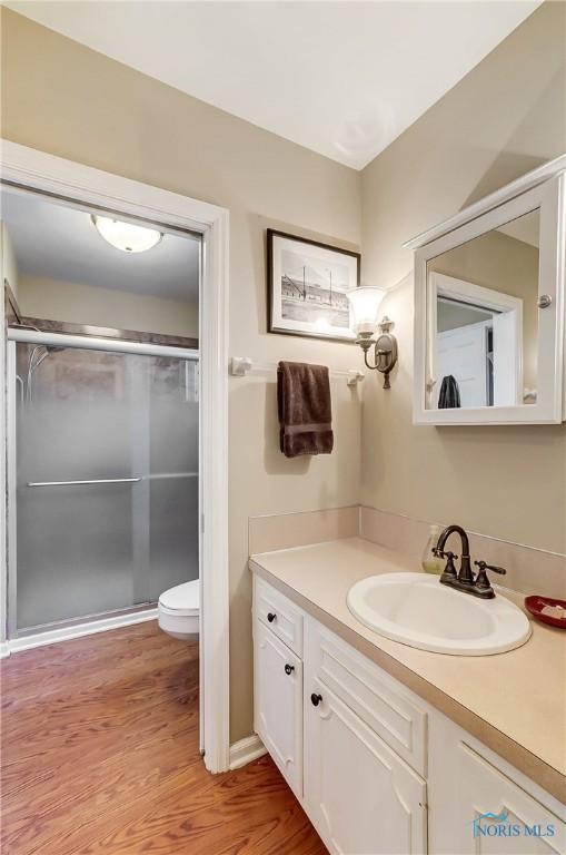 bathroom with a shower stall, vanity, toilet, and wood finished floors