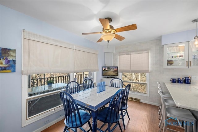 dining room featuring wood finished floors, visible vents, and ceiling fan