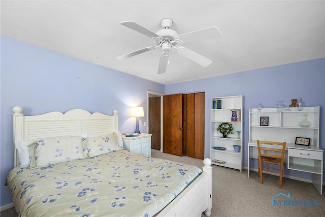 bedroom with a closet, light carpet, and a ceiling fan