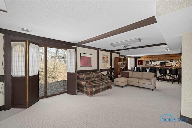 carpeted living area featuring visible vents and a textured ceiling