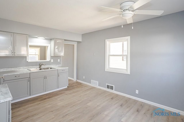 kitchen with visible vents, light countertops, ceiling fan, and a sink