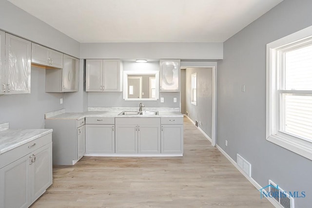 kitchen featuring light countertops, light wood-style floors, visible vents, and a sink