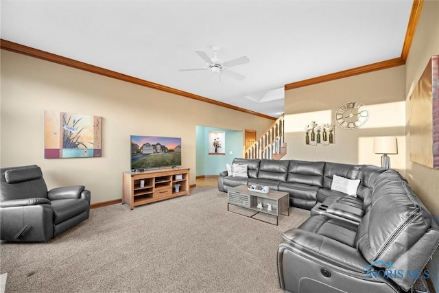 living room with crown molding, stairs, baseboards, a ceiling fan, and carpet