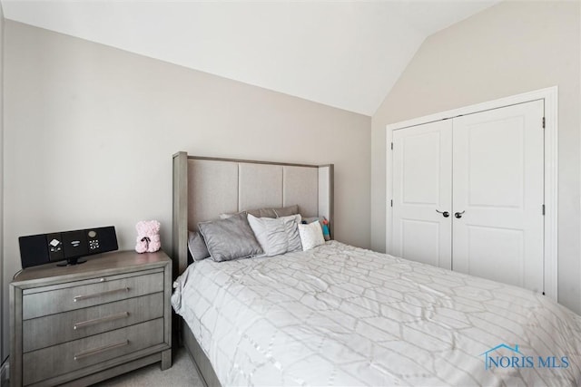 bedroom with lofted ceiling and a closet