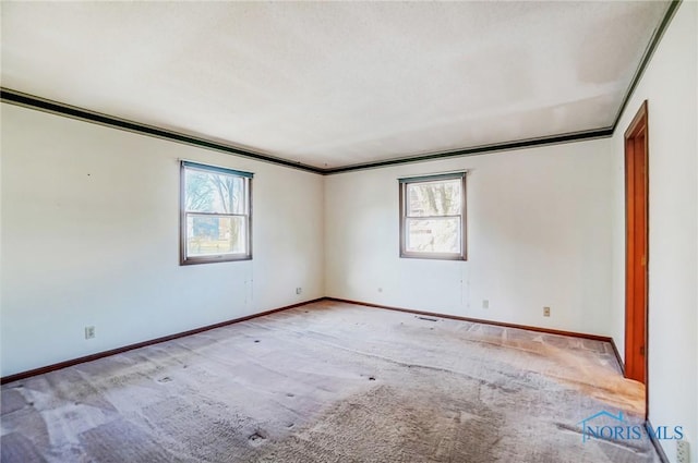 spare room featuring a healthy amount of sunlight, baseboards, and carpet floors