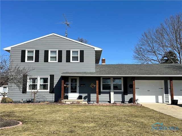 traditional-style home with a chimney, an attached garage, concrete driveway, and a front yard