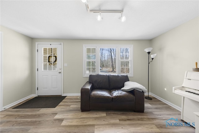 living area featuring baseboards, a textured ceiling, and wood finished floors