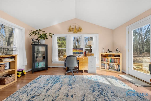 home office featuring a wealth of natural light, lofted ceiling, and wood finished floors