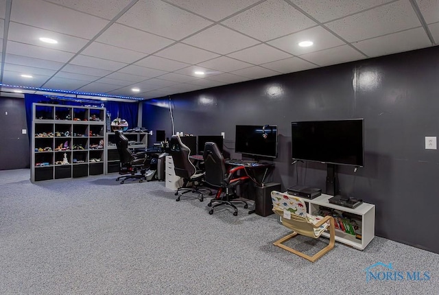 carpeted home office with recessed lighting and a drop ceiling
