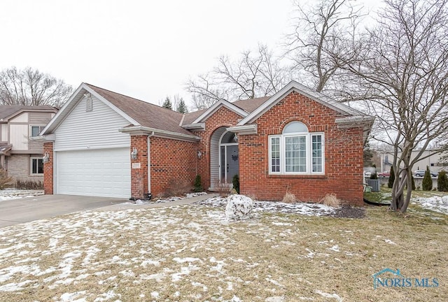 view of front facade featuring brick siding, concrete driveway, a garage, and a shingled roof