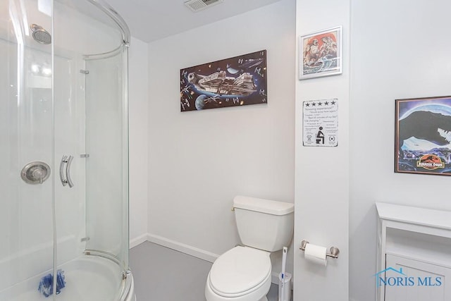 bathroom with visible vents, baseboards, toilet, and a shower stall