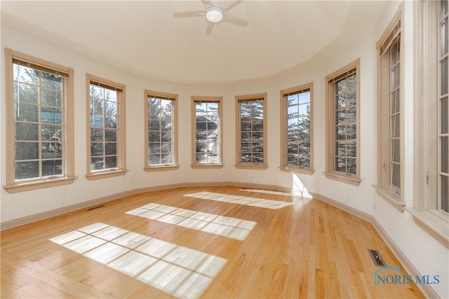 unfurnished sunroom with visible vents and ceiling fan