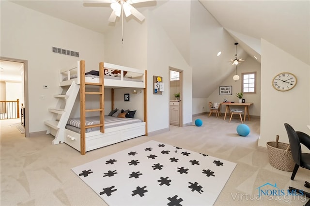 2436 Tiffany Village Blvd, Sylvania, OH 43560 - bedroom featuring carpet floors, high vaulted ceiling, baseboards, and a ceiling fan