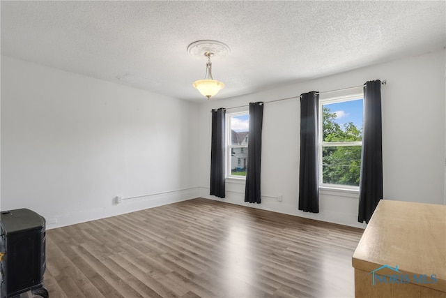 interior space featuring a textured ceiling, baseboards, and wood finished floors