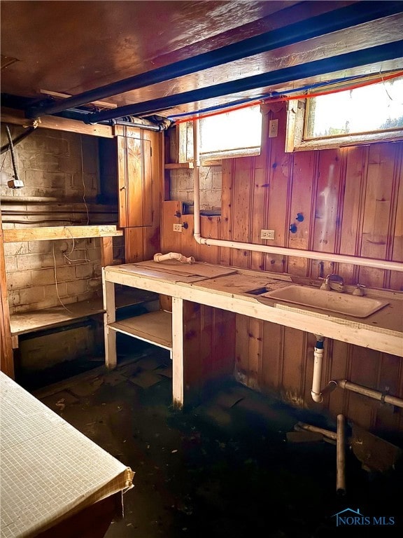 below grade area with a sink
