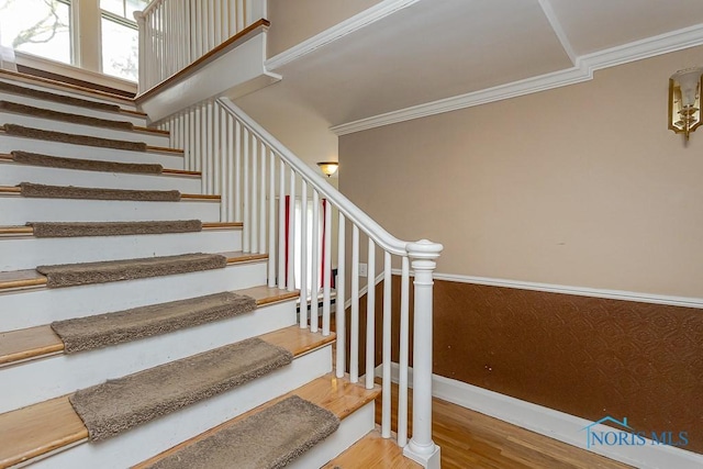 121 Eagle Point Dr, Rossford, OH 43460 - stairway with wood finished floors, crown molding, and baseboards
