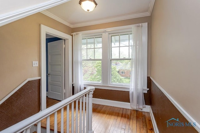 121 Eagle Point Dr, Rossford, OH 43460 - hallway featuring crown molding, wood-type flooring, baseboards, and an upstairs landing