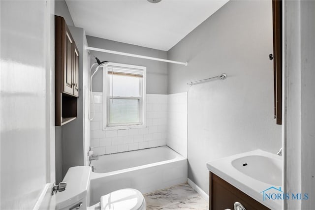 full bath with marble finish floor, vanity, toilet, and bathing tub / shower combination