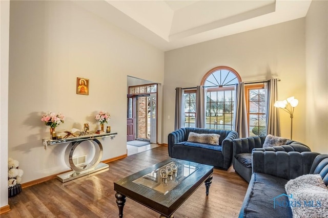 living room featuring a towering ceiling, a tray ceiling, baseboards, and wood finished floors