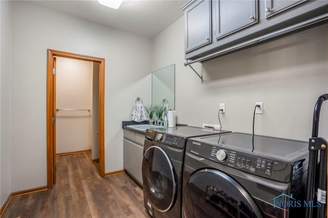 laundry room with baseboards, cabinet space, dark wood-style flooring, and washer and clothes dryer