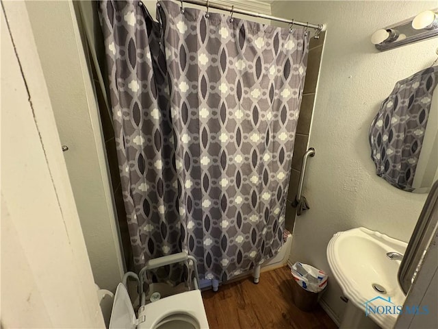 full bathroom with a sink, toilet, a shower with curtain, and wood finished floors