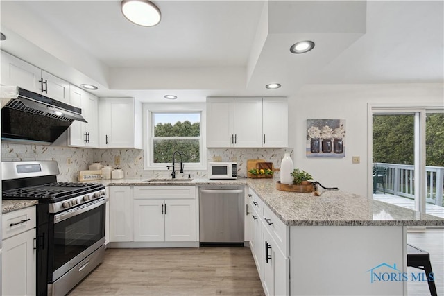1004 Waterville Monclova Rd, Waterville, OH 43566 - kitchen with a peninsula, a sink, decorative backsplash, stainless steel appliances, and under cabinet range hood
