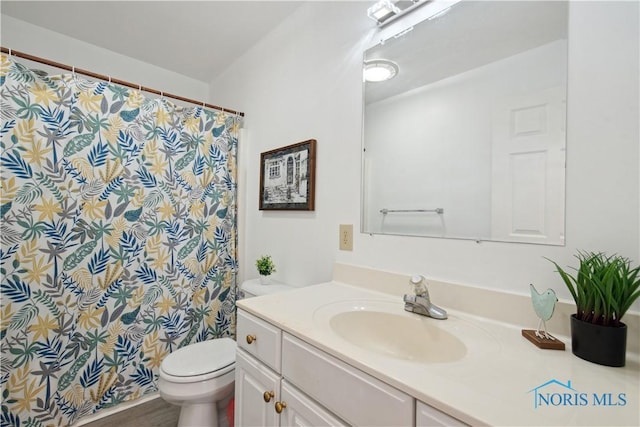 1004 Waterville Monclova Rd, Waterville, OH 43566 - bathroom featuring curtained shower, toilet, and vanity