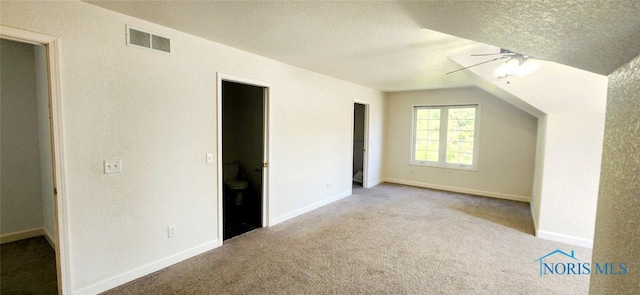2249 Woods Edge Ct, Toledo, OH 43615 - bonus room featuring visible vents, a textured ceiling, carpet, baseboards, and ceiling fan