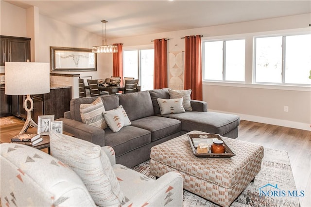 living room featuring an inviting chandelier, light wood-style flooring, baseboards, and a wealth of natural light