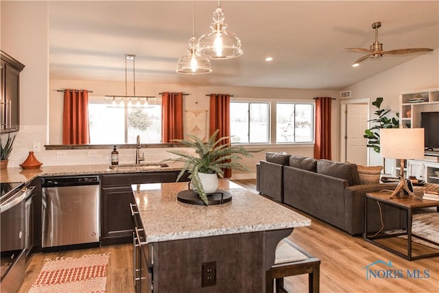 kitchen with a sink, light wood-style floors, appliances with stainless steel finishes, and a healthy amount of sunlight