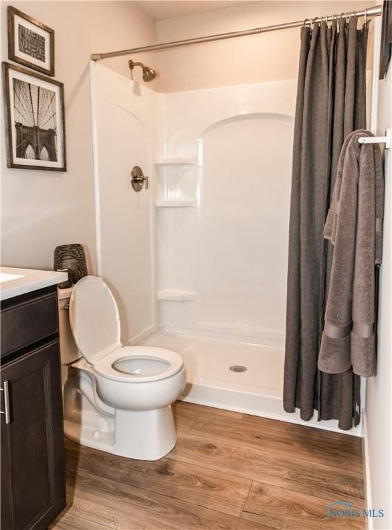 bathroom featuring vanity, toilet, wood finished floors, and a shower stall