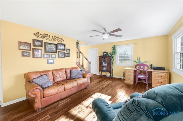 10132 Laplante Rd, Monclova, OH 43542 - living room featuring stairway, hardwood / wood-style flooring, and ceiling fan