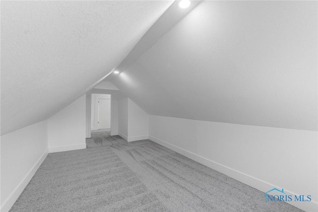 additional living space with light carpet, a textured ceiling, baseboards, and vaulted ceiling