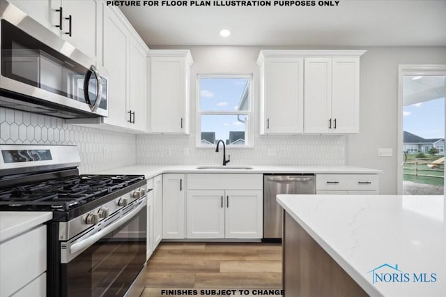 kitchen featuring light wood finished floors, a sink, decorative backsplash, stainless steel appliances, and white cabinetry
