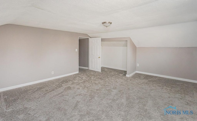 additional living space with carpet flooring, baseboards, lofted ceiling, and a textured ceiling