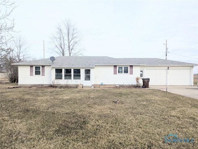 ranch-style house with a garage, a front yard, driveway, and a shingled roof
